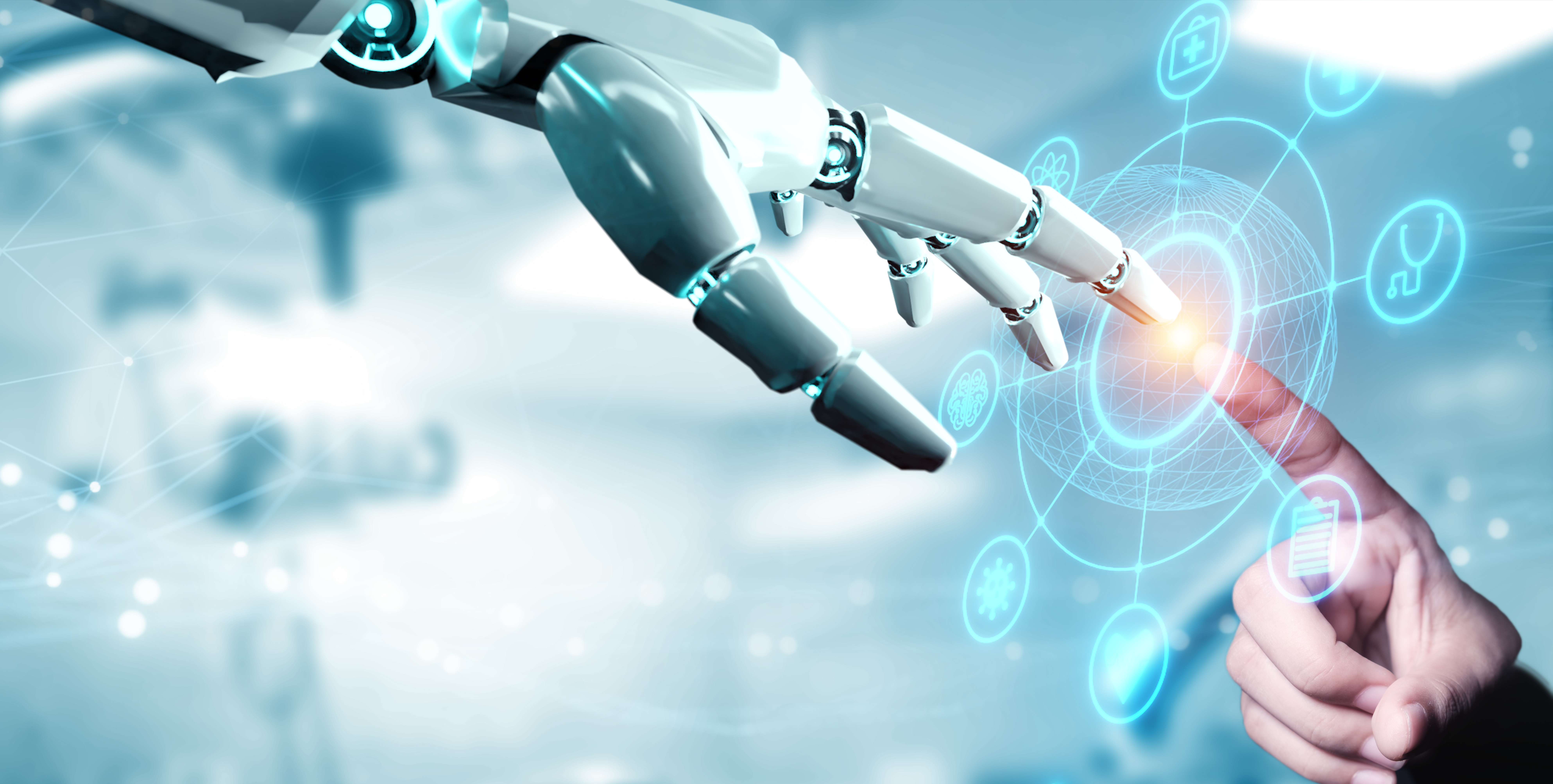 a human hand interfacing with a robotic hand, symbolizing the embracing of AI technology