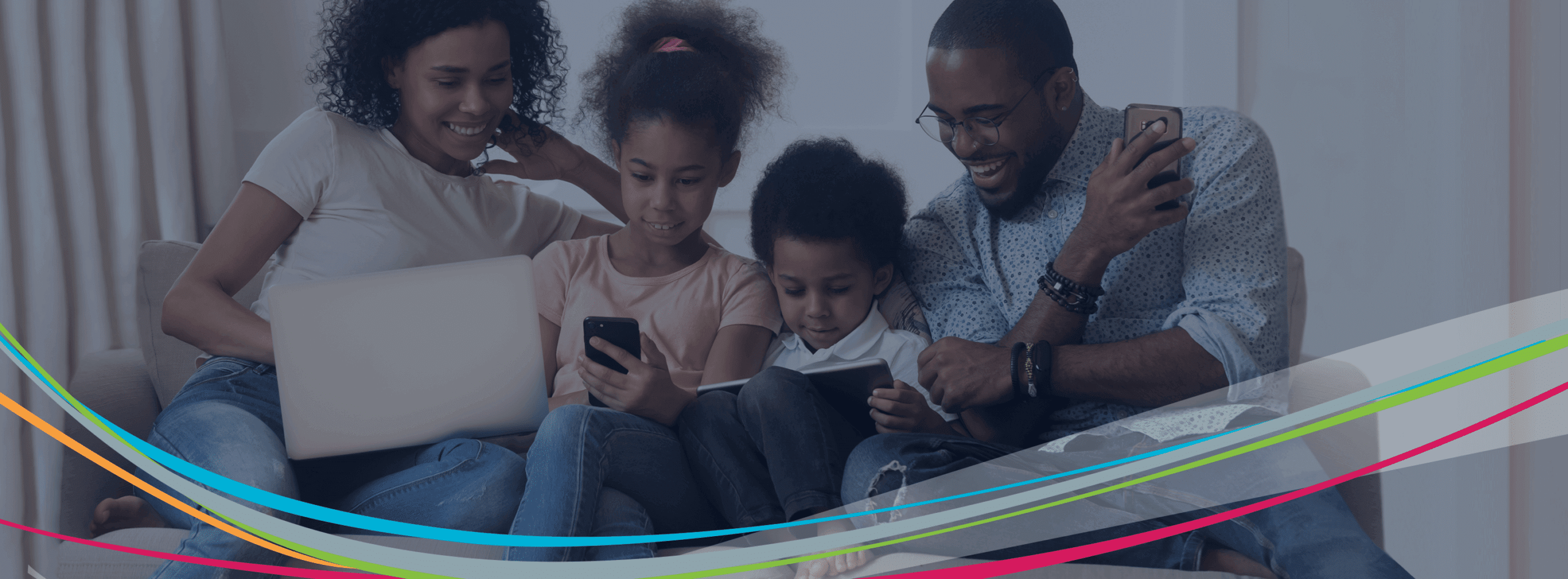 Parent portal parents and kids at home on couch with devices